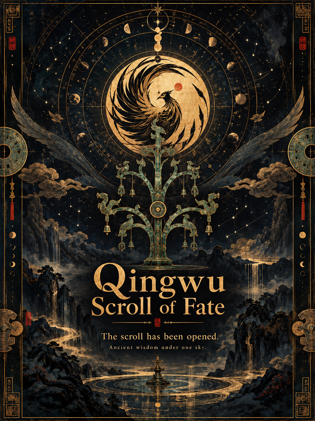 The complete Qingwu Scroll of Fate cover: a Solar Bird above a floating Sacred Bronze Tree, with its four corners and celestial borders